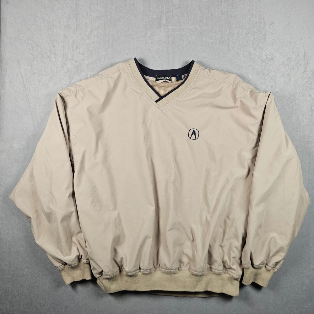 Vintage Acura Jacket Mens 2XL Tan Windbreaker V-Neck Pullover Pockets Cars Y2K